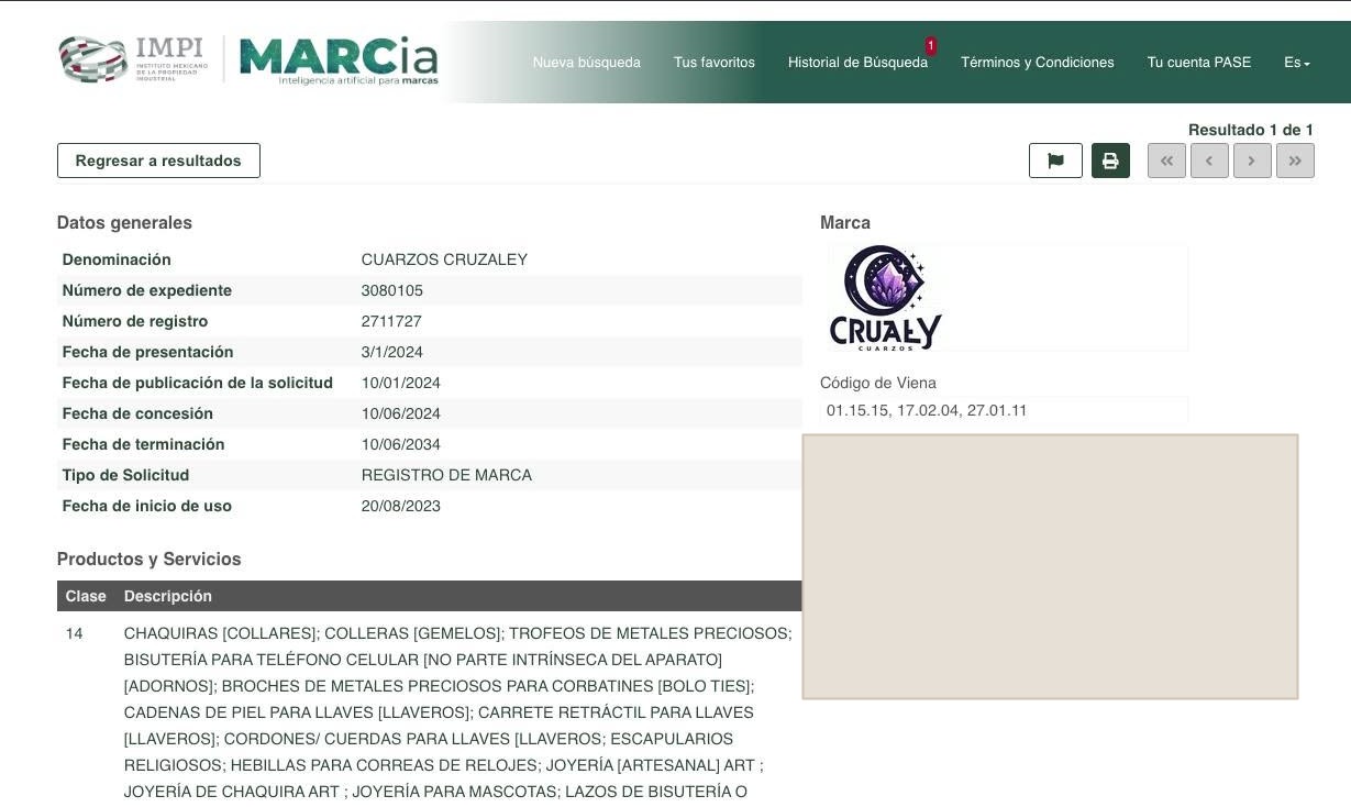 Consulta pública de Cuarzos Cruzaley ante IMPI: denominación, expediente 3080105, registro 2711727 y fechas de concesión y vigencia.